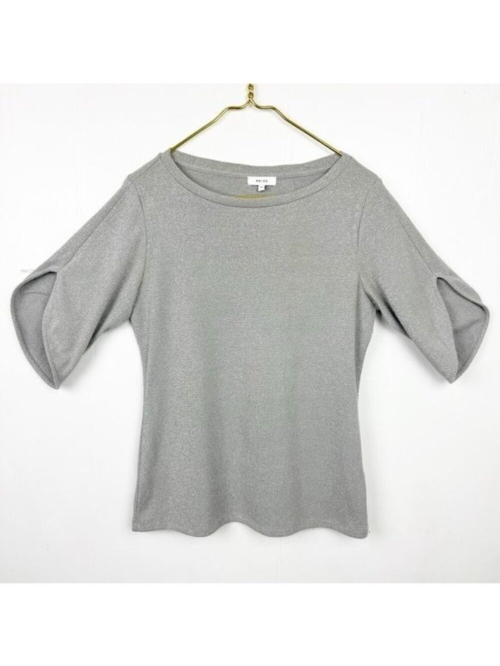 Reiss Maison Metallic Sparkly Silver pullover 1/2 Sleeve Top XSmall